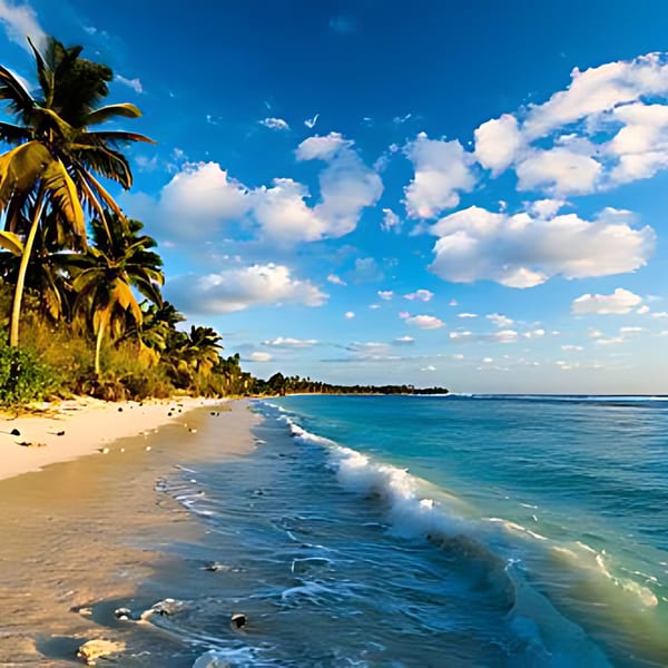 Tropical beach with palm trees, white sand, and blue ocean waves under a partly cloudy sky.